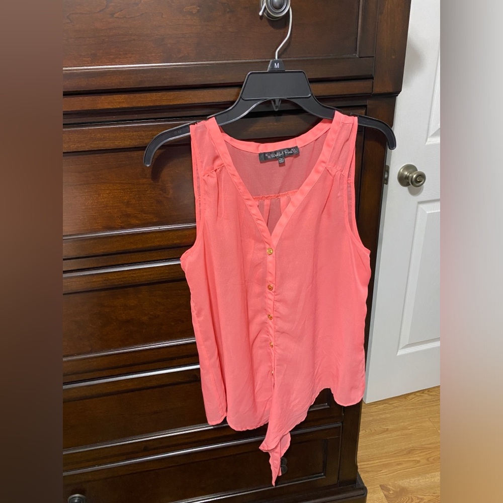 Sheer Peachy Button Up Tank with Tie at Bottom